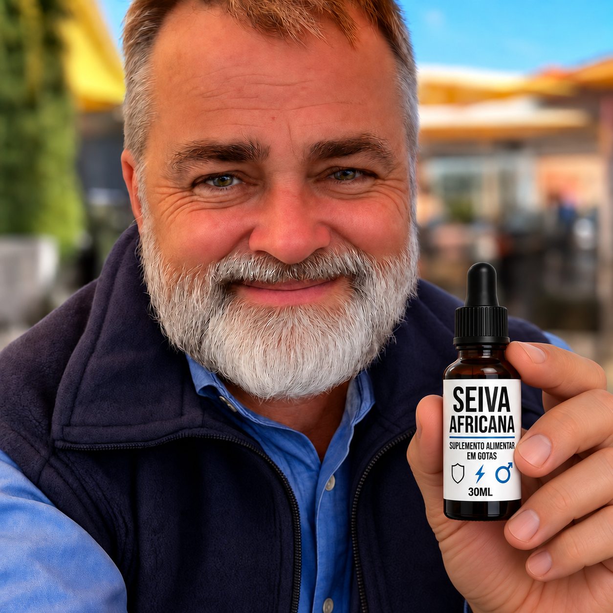 Homem de barba segurando um frasco de Seiva Africana