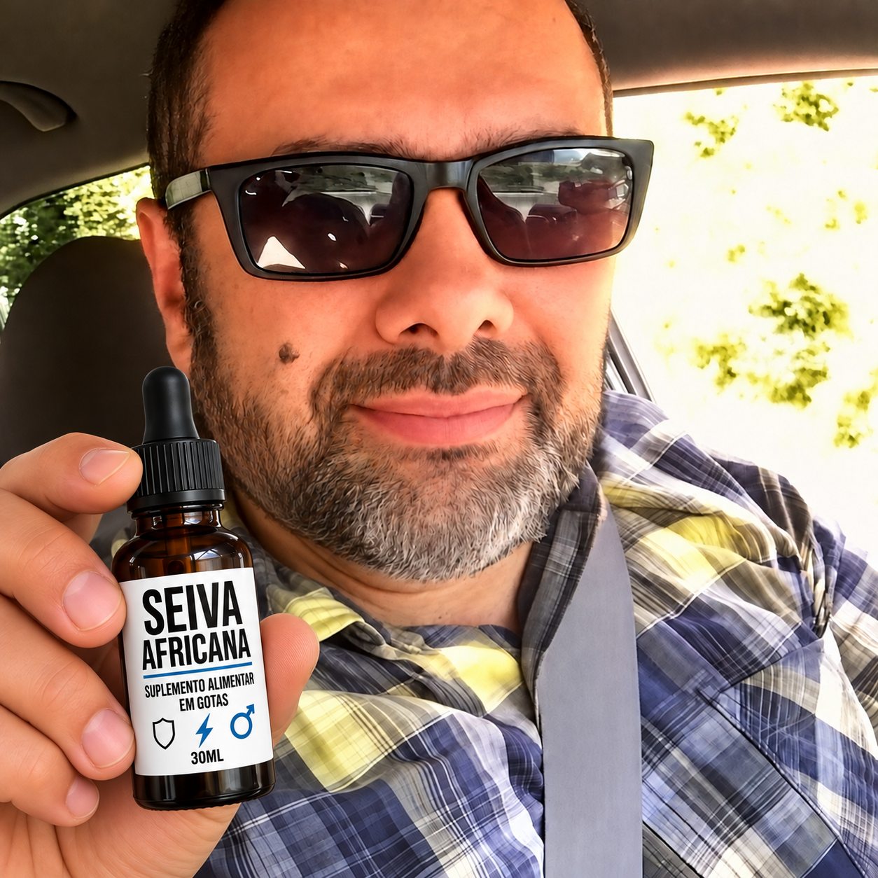 Homem no carro segurando um frasco de Seiva Africana